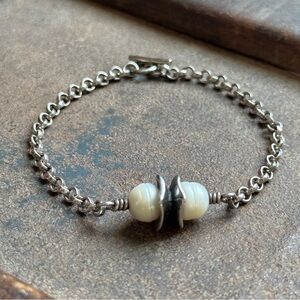 Vintage Pearl & Sterling Silver Minimalist Modernist Bracelet; Toggle Clasp; 7”